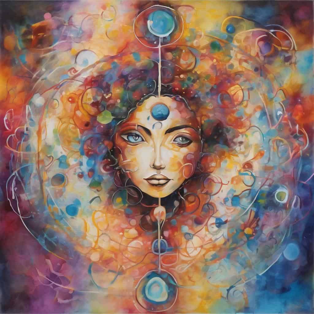 Ασπρόμαυρο και χρωματικό πορτραίτο γυναίκας με αφηρημένο φόντο.